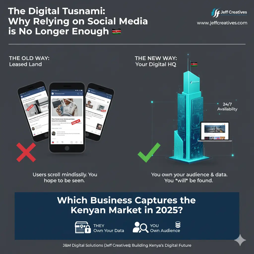 Infographic comparing the limitations of relying on social media for Kenyan businesses ("Leased Land") versus the advantages of owning a professional website ("Your Digital HQ") for 24/7 availability and data control. Features mobile screens with social media and a modern skyscraper representing a website.