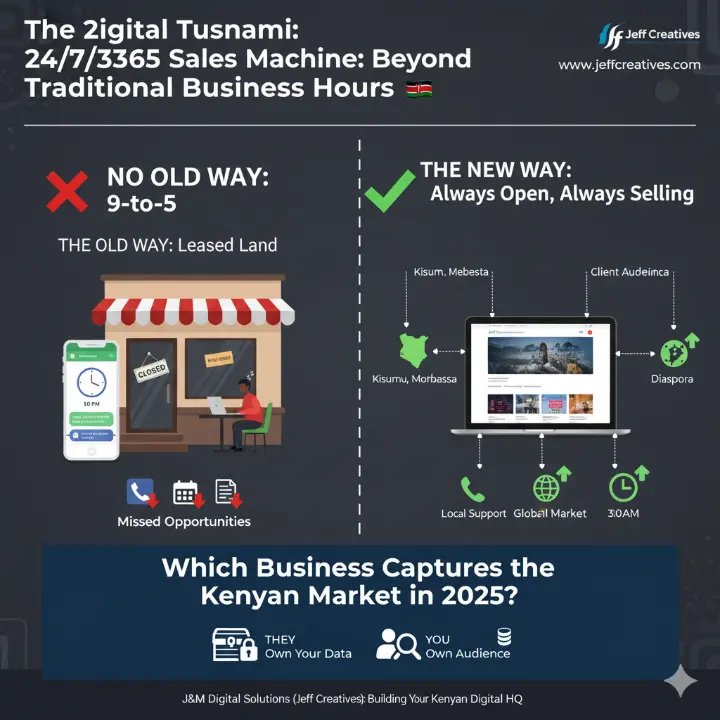Illustration contrasting a traditional Kenyan shop closed at night with a sleeping owner, and a laptop displaying a website connecting to customers across Kenya (Nairobi, Mombasa, Kisumu) and the Diaspora, symbolizing round-the-clock sales and global reach.
