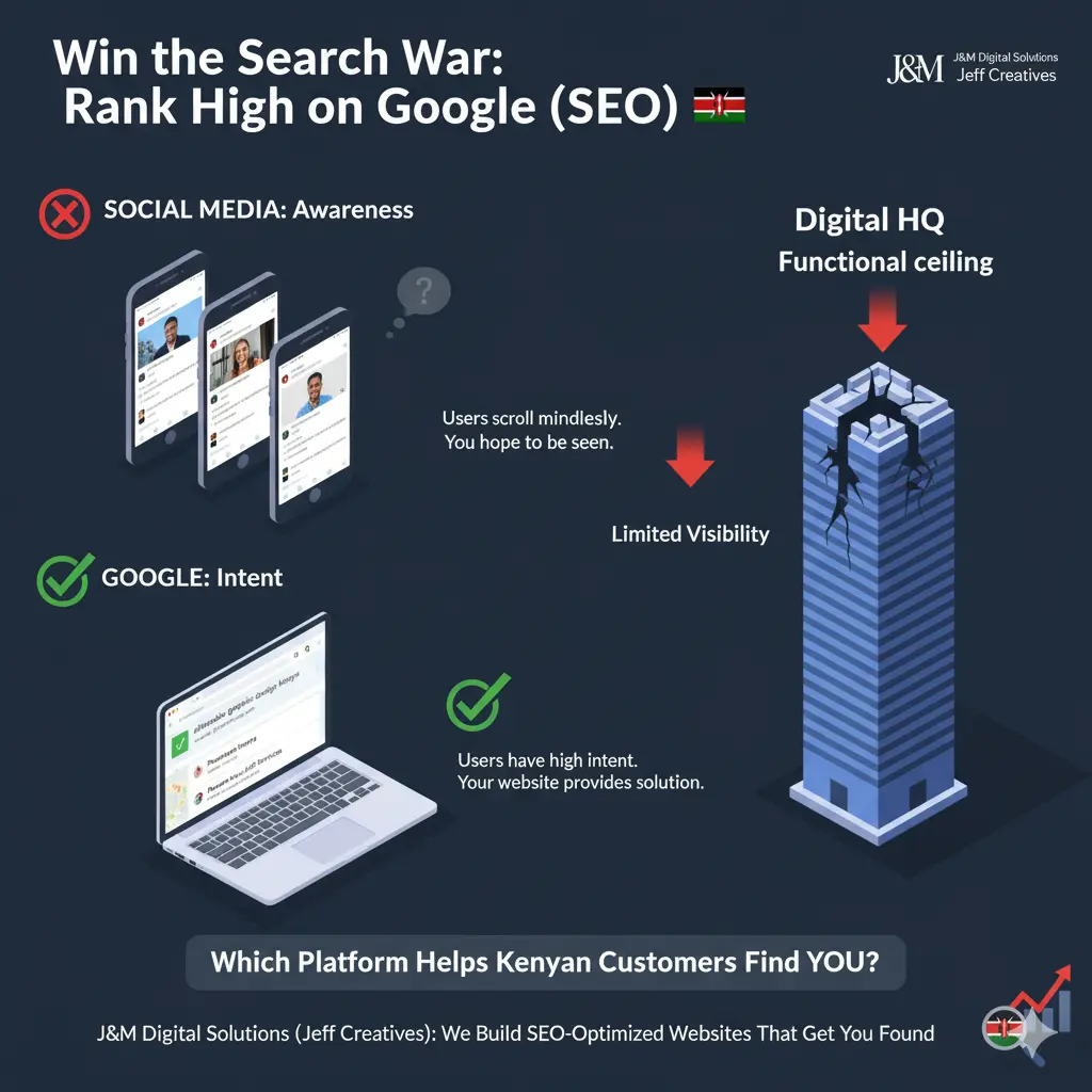 Graphic demonstrating how social media offers only "awareness" (users scrolling mindlessly), while Google provides "intent" (users actively searching for solutions). Shows a Google search results page with a top-ranking website for a local Kenyan query, contrasting with limited social media visibility.