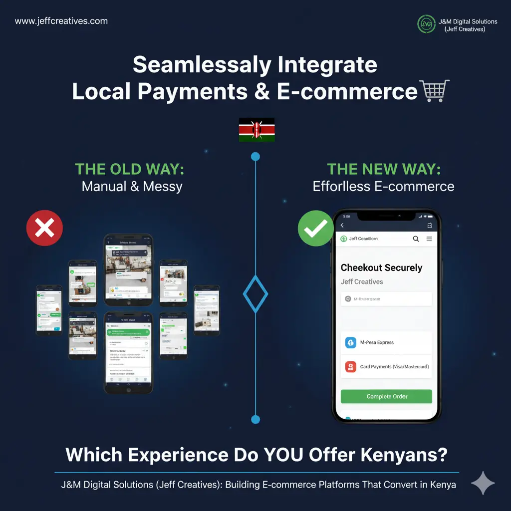 Visual comparing the manual, messy process of coordinating payments via WhatsApp (old way) with a seamless, integrated e-commerce checkout page on a website, featuring M-Pesa Express and card payment options (new, effortless way).