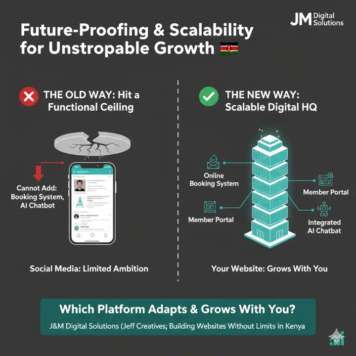 Visual contrasting the "functional ceiling" of social media (cracked ceiling above a phone) which cannot add features like booking systems, with a modular, expanding skyscraper representing a professional website that easily integrates new functionalities like online bookings, member portals, and AI chatbots for growth