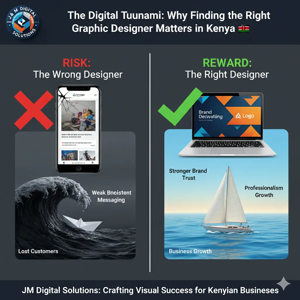  A compelling visual contrasting the &#34;Risk&#34; of the wrong designer (e.g., a sinking paper boat in choppy waters next to poorly designed mobile screen) versus the &#34;Reward&#34; of the right designer (a strong sailboat on calm waters next to a sleek laptop displaying professional branding). 