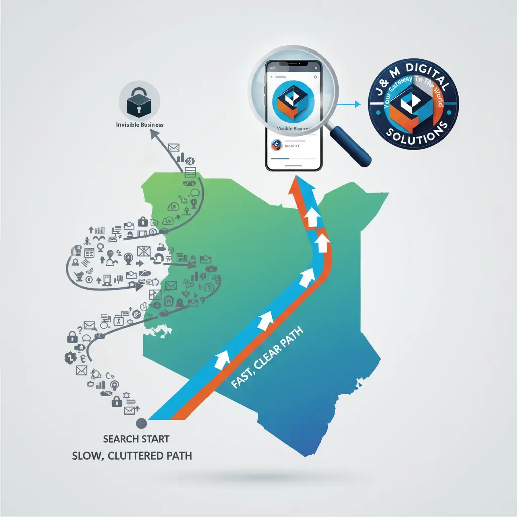 nfographic showing the contrast between low digital visibility and high search engine ranking for Kenyan businesses, guided by the J&amp;M Digital Solutions logo.