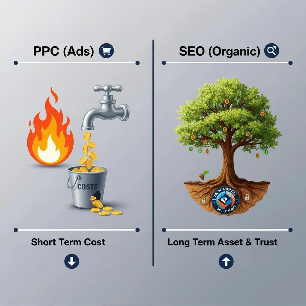 Visual comparison of short-term cost (PPC) versus long-term asset and trust (SEO), reinforcing J&amp;M Digital Solutions&#39; focus on sustainable growth.