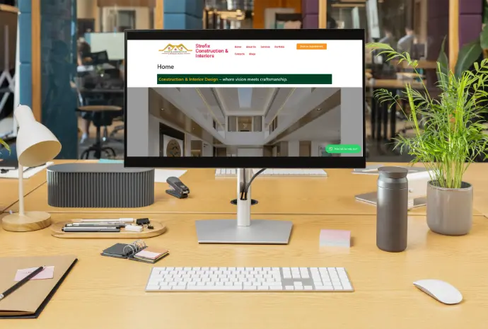 Computer mockup showing the web design homepage of Strofix Interiors’ website — a modern, elegant interior design layout with warm colors, clean typography, and featured project visuals.