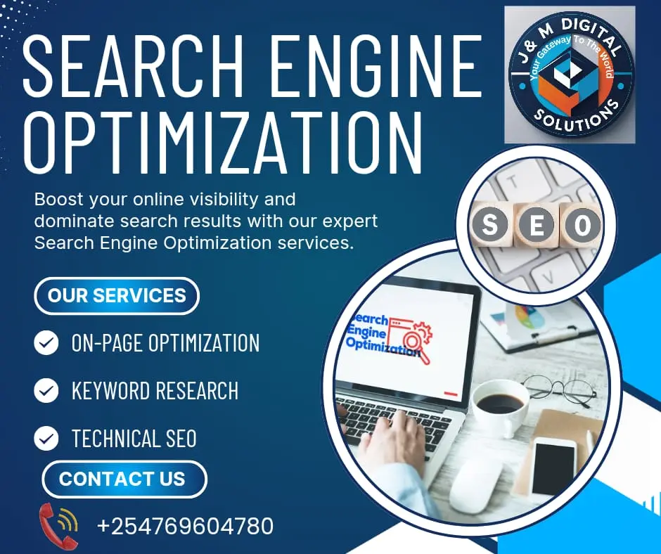 J&M Digital Solutions SEO Services Poster Digital marketing poster by J&M Digital Solutions promoting SEO optimization and website visibility services to boost Google rankings and traffic.