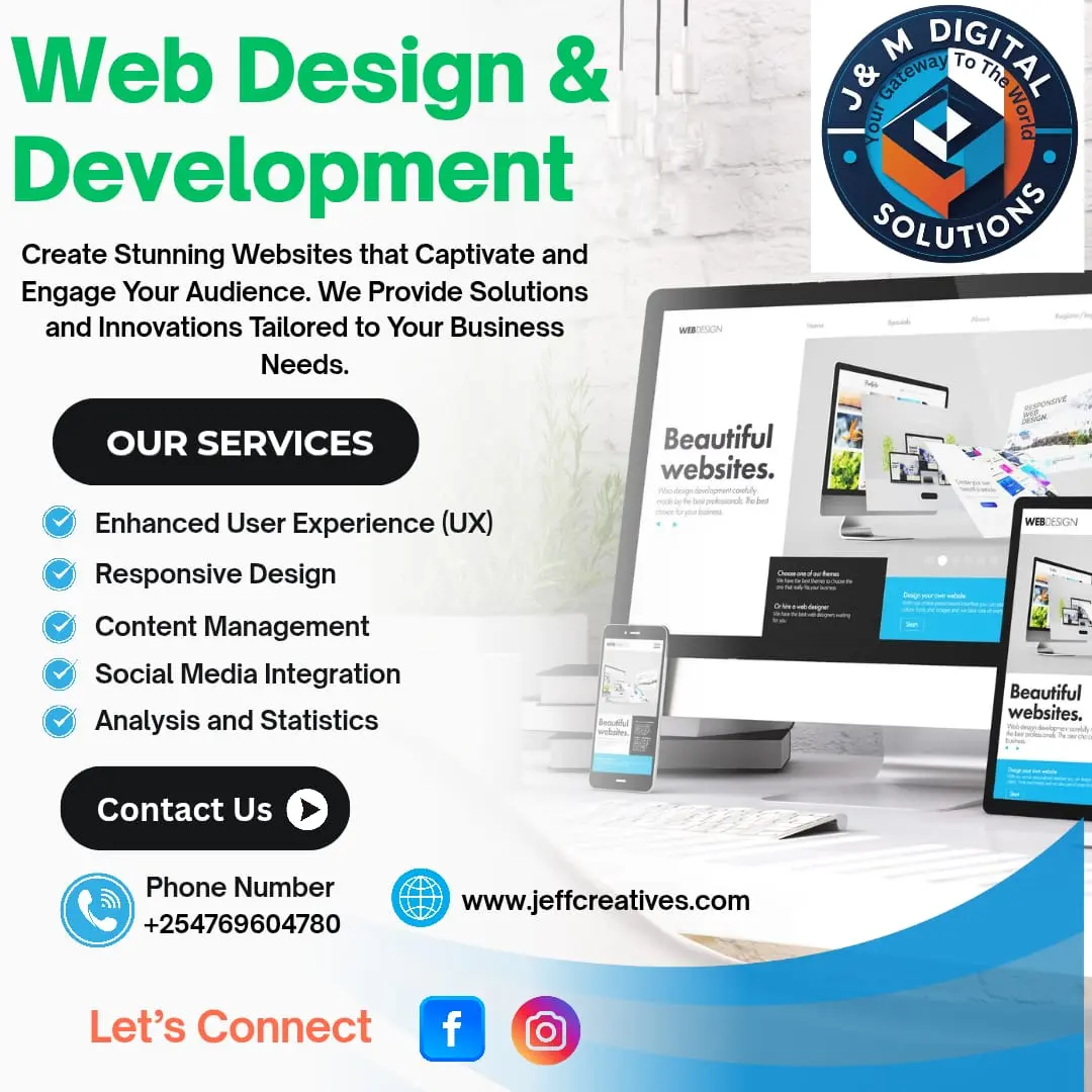 J&M Digital Solutions Web Design Poster Creative Facebook and Instagram poster by J&M Digital Solutions showcasing modern, responsive web design services that help brands build a strong online presence.