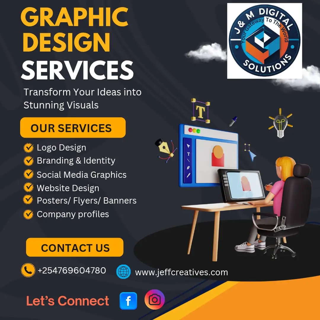 J&M Digital Solutions Graphic Design Poster Professional social media poster by J&M Digital Solutions highlighting custom logo, branding, and graphic design services for businesses in Kenya.