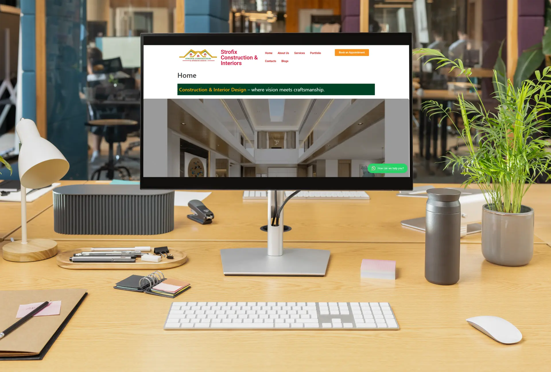 Computer mockup displaying Strofix Interiors’  web designhomepage — a sleek, modern interior design website featuring elegant layouts, warm tones, and project showcases.