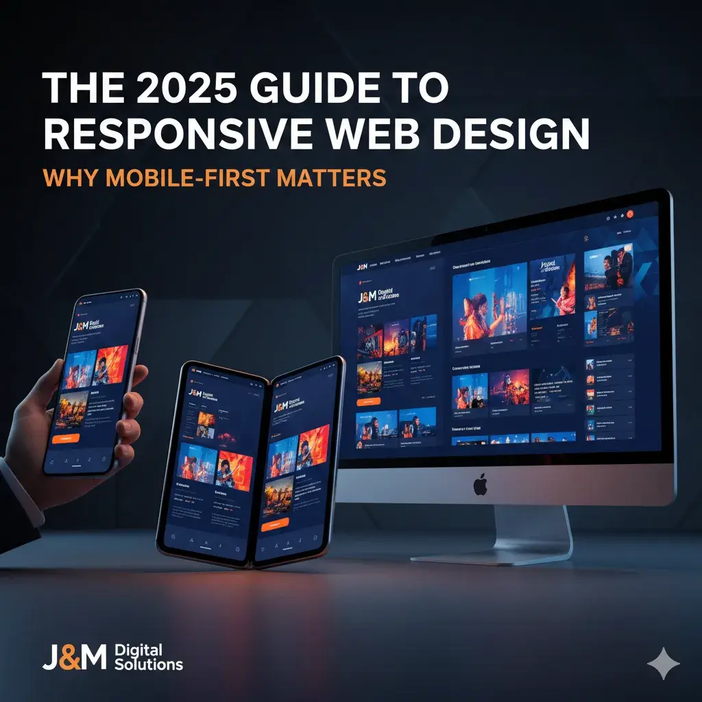 Professional responsive web design by J&M Digital Solutions shown on a smartphone, foldable device, and desktop monitor.