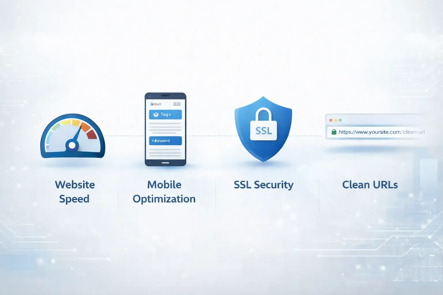 Technical SEO basics: website speed, mobile optimization, SSL, and clean URLs Technical SEO infographic showing website speed, mobile optimization, SSL security, and clean URLs for better Google rankings