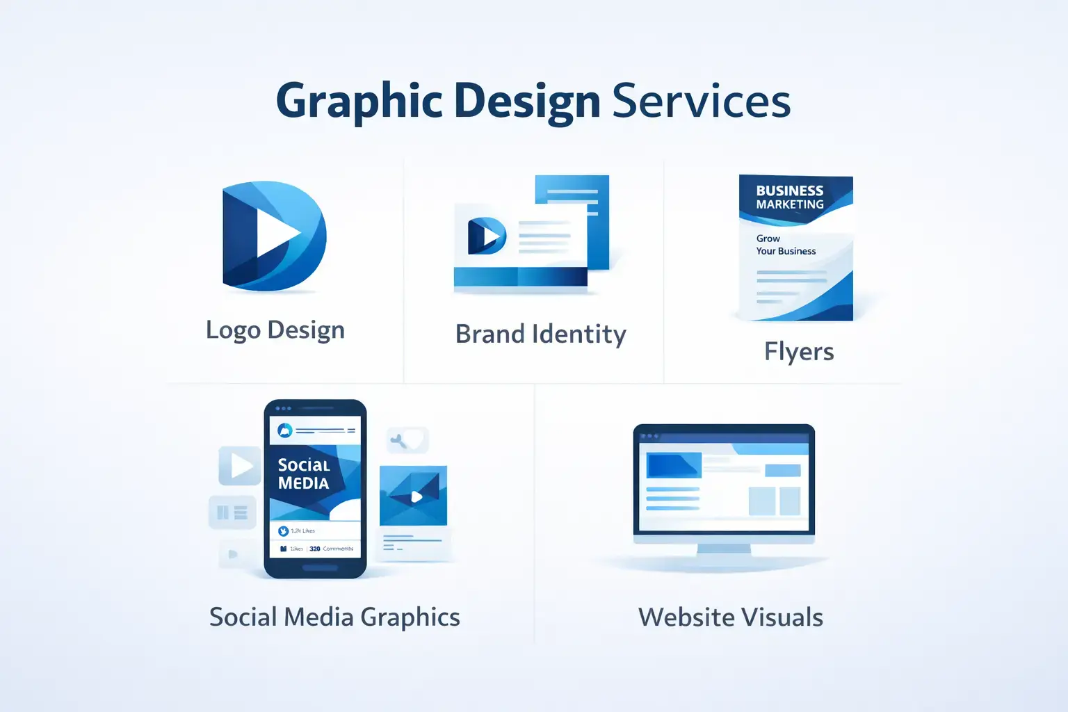Graphic Design Services Offered by Our Digital Agency Clean grid-style infographic displaying graphic design services including logo design, brand identity, social media graphics, flyers, and website visuals