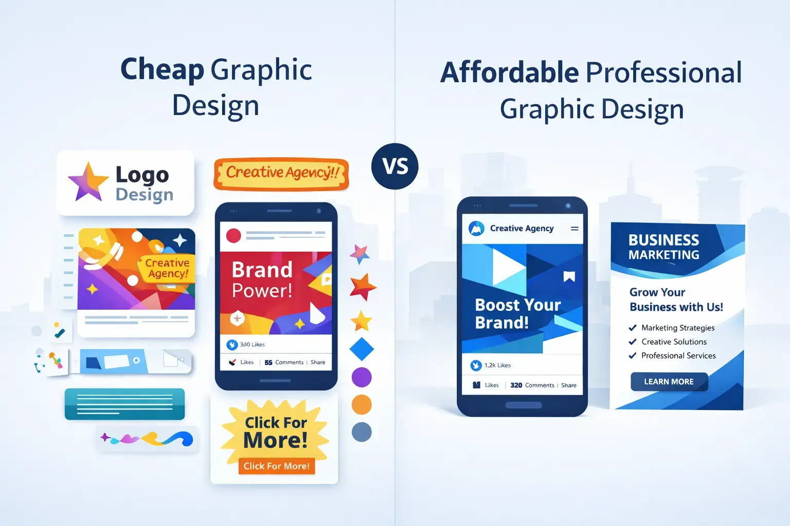 Cheap Graphic Design vs Affordable Professional Graphic Design Split comparison infographic showing cheap graphic design with cluttered visuals versus affordable professional graphic design with clean, branded layouts.