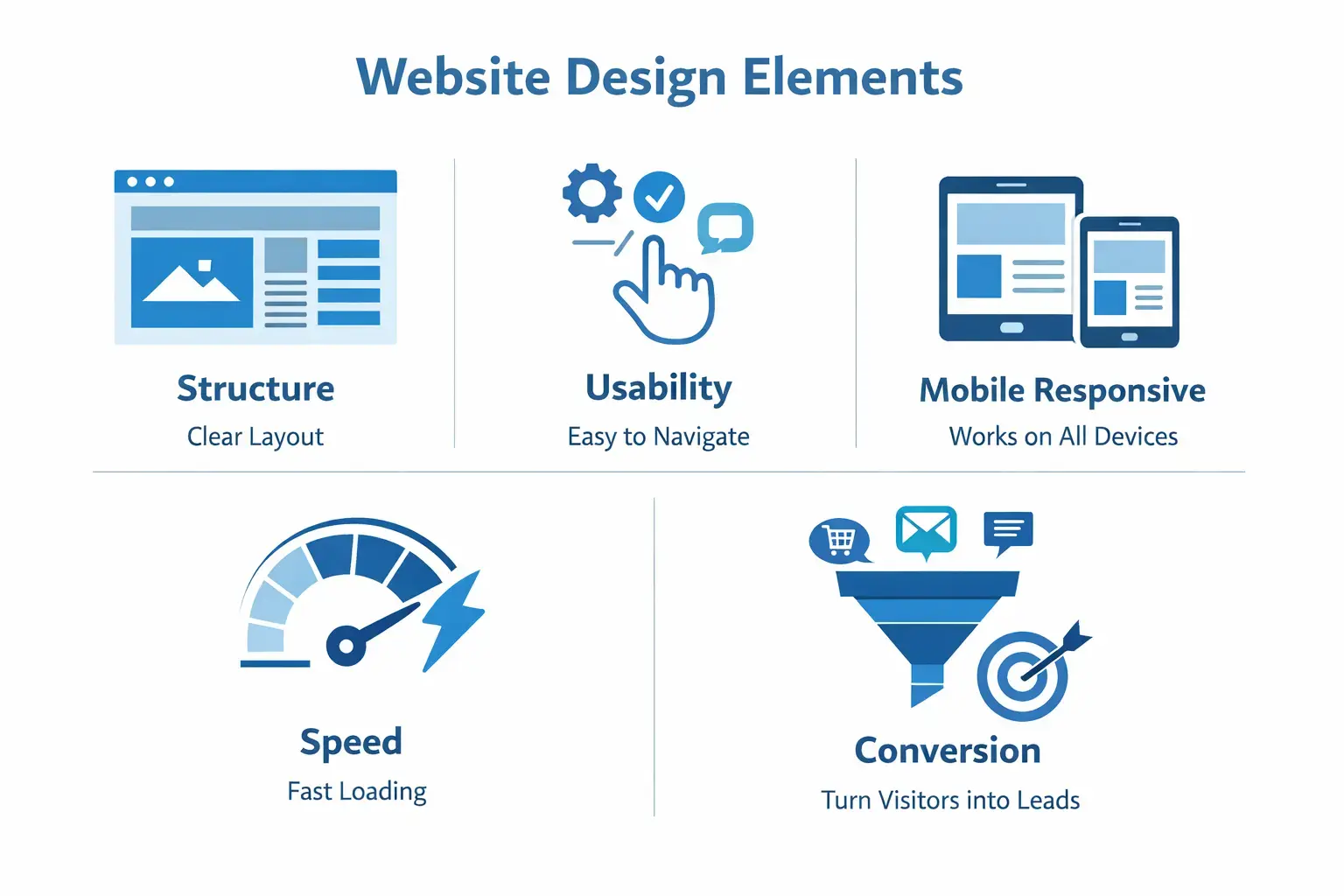 Flat-style infographic showing website design elements including layout structure, usability, mobile responsiveness, speed, and conversion flow for small businesses in Kenya