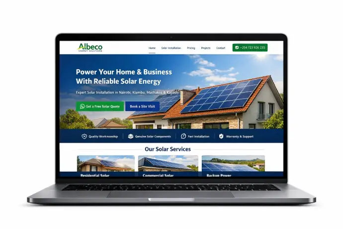 Laptop mockup displaying the Albeco Energy Solutions solar installation website designed for a Kenyan solar company