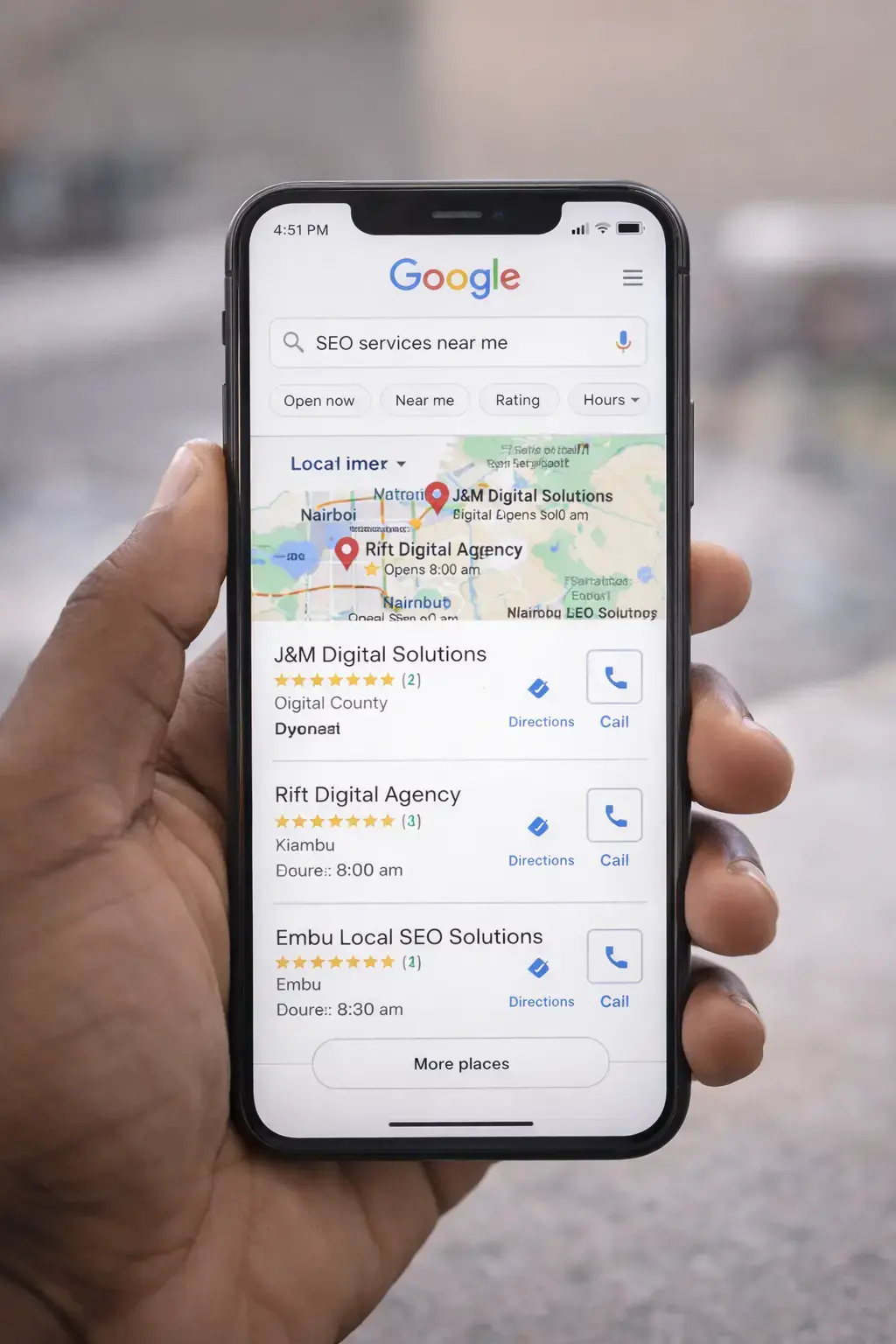 Google search results for SEO services near me showing local business listings in Nairobi, Kiambu and Embu