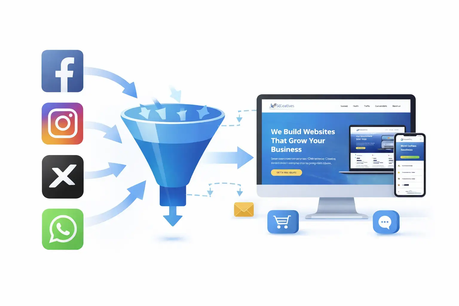 Social media platforms funneling traffic into a central business website as a digital marketing system