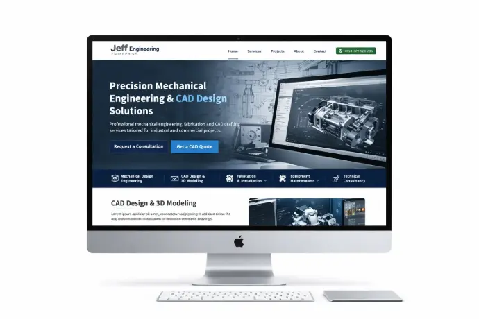 Desktop web design kenya mockup showing the Jeff Engineering Enterprise mechanical engineering and CAD design services website on a modern computer monitor