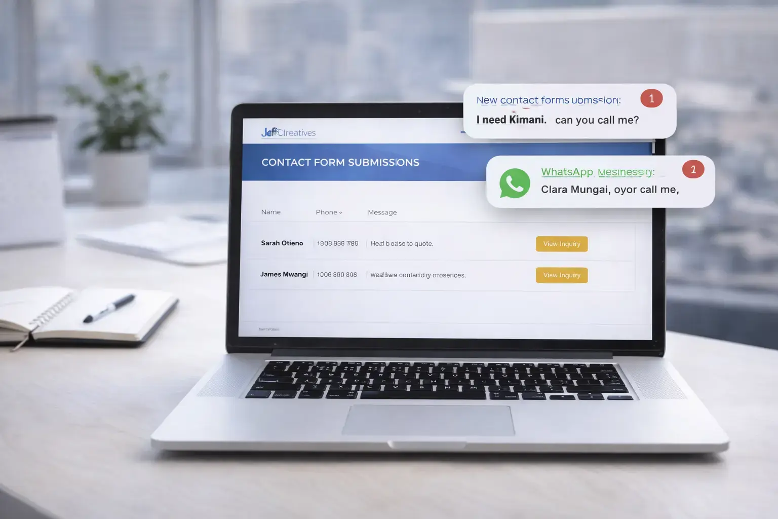 Conversion-focused web design showing website contact form submissions and WhatsApp lead notifications