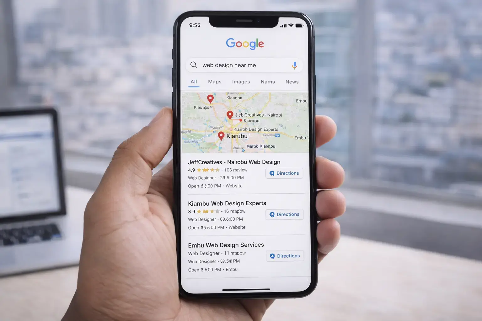 Google search results for web design near me showing local listings in Nairobi, Kiambu and Embu