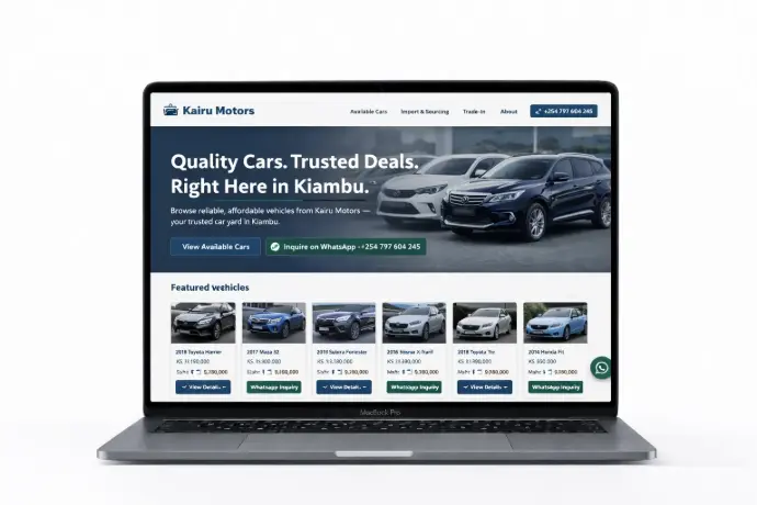 Laptop mockup showing Kairu Motors car yard web design with car listings, pricing, and WhatsApp inquiry buttons